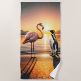 Toalla De Playa Encuentro Flamingo y Penguin Sunset