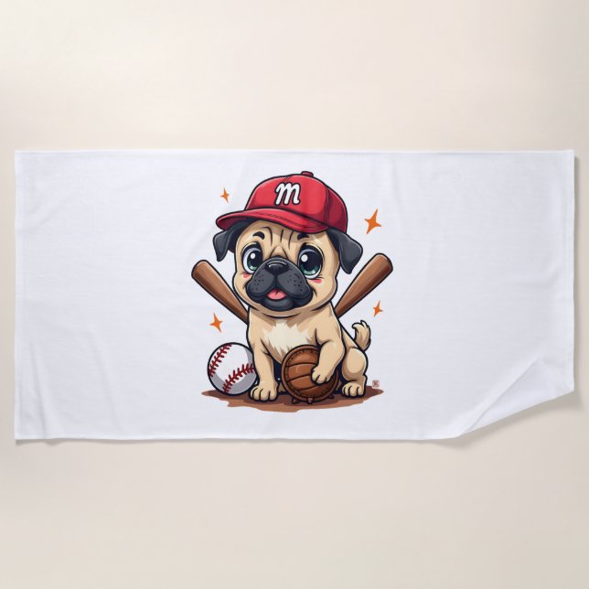Toalla De Playa Entrenador del equipo de béisbol Pug Dog Lover Pug (Anverso)