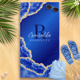 Toalla De Playa Envejecimiento Royal Blue y Gold Elegant Monograma