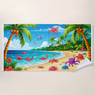 Toalla De Playa Escena de playa tropical colorida con animales jug