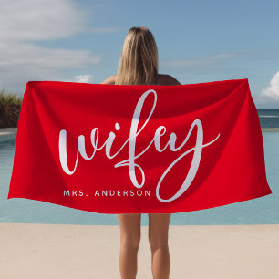 Toalla De Playa Esposa Novia Recién Casada Roja y Blanca