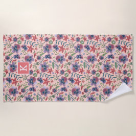 Toalla De Playa Estampa de monograma floral rosa boho