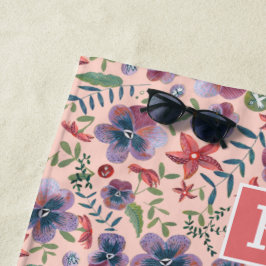 Toalla De Playa Estampa de monograma floral rosa boho