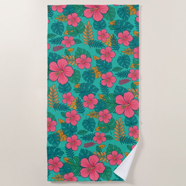Toalla De Playa Estampado de Hibisco Tropical y Hoja de Palma (Anverso)