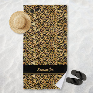 Toalla De Playa Estampado de leopardo en negro dorado chic persona