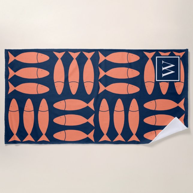 Toalla De Playa Estampado Náutico de Bloque de Pescado - Monograma (Anverso)