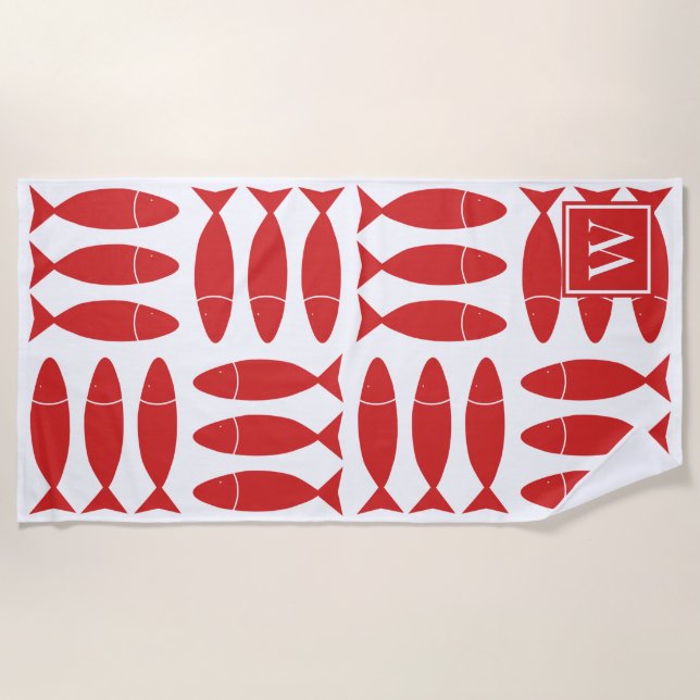 Toalla De Playa Estampado Náutico de Bloque de Pescado - Monograma (Anverso)