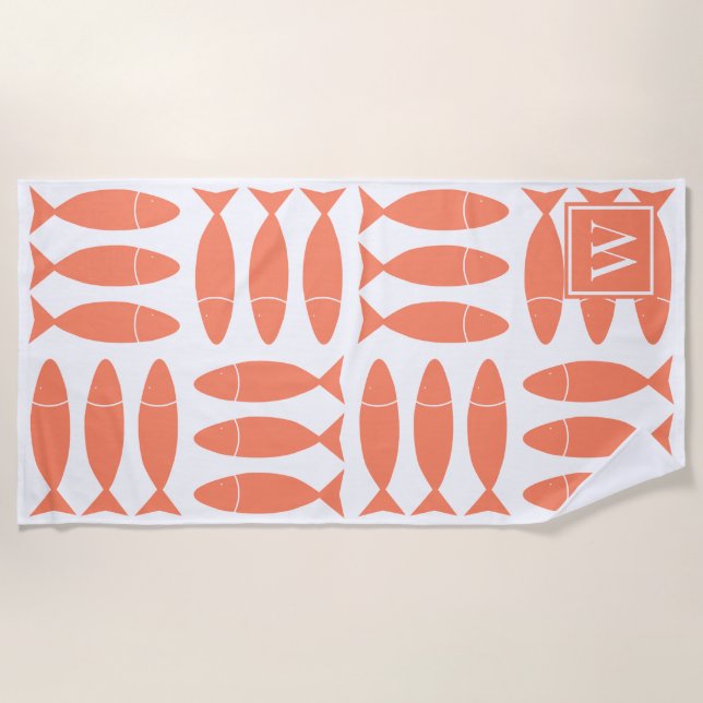 Toalla De Playa Estampado Náutico de Bloque de Pescado - Monograma (Anverso)