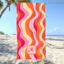 Toalla De Playa Estética retro Groovy rosa - Monogramada