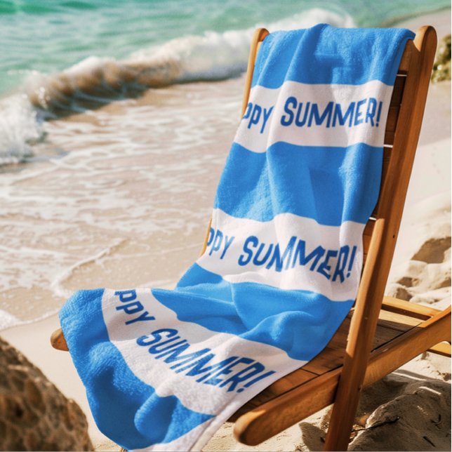 Toalla De Playa Estilo Feliz verano banda ancha azul y blanca (Classic wide blue white stripe)