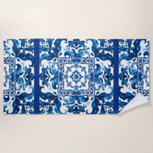 Toalla De Playa estilo italiano, mediterráneo, mosaico, azul,