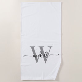 Toalla De Playa Estilo Moderno Nombre Monograma Gris Blanco Script
