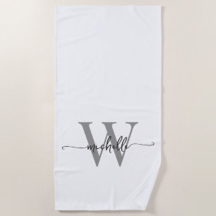 Toalla De Playa Estilo Moderno Nombre Monograma Gris Blanco Script