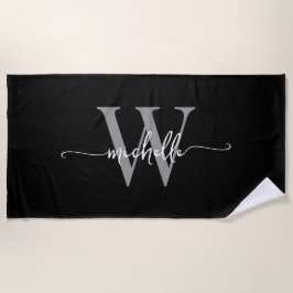 Toalla De Playa Estilo Moderno Nombre Monograma Gris Negro Script