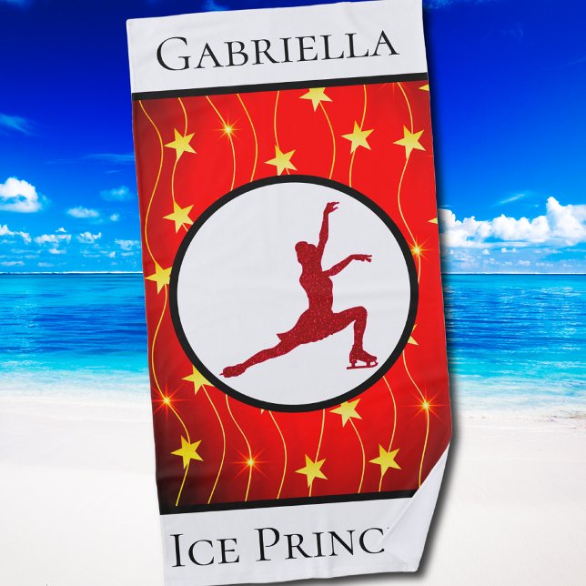 Toalla De Playa Estrella dorada de patinaje artístico "Ice Princes (Figure Skating Red "Ice Princess" Gold Star Beach Towel)