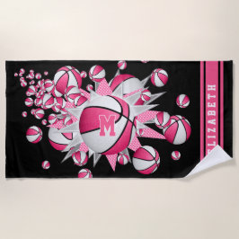 Toalla De Playa estrellas rosadas de baloncesto blanco monogramand