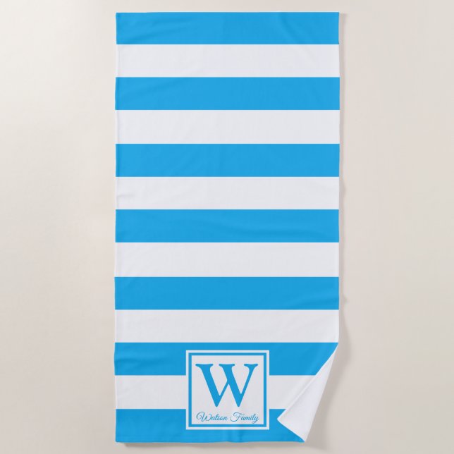 Toalla De Playa Familia personalizado Monograma Bandas Azules Ceru (Anverso)
