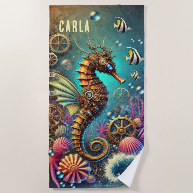 TOALLA DE PLAYA FANTASÍA BLANCA STEAMPUNK SEAHORSE (Anverso)
