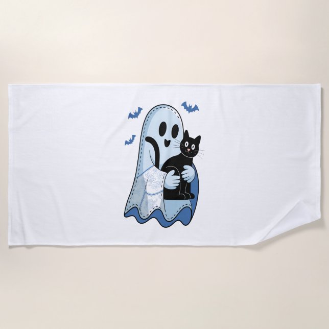 Toalla De Playa Fantasma de Denim Azul y Gato de Halloween (Anverso)