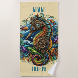 TOALLA DE PLAYA FANTASY BLUE & TAN STEAMPUNK SEAHORSE