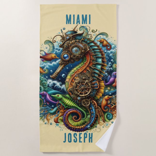 TOALLA DE PLAYA FANTASY BLUE & TAN STEAMPUNK SEAHORSE (Anverso)