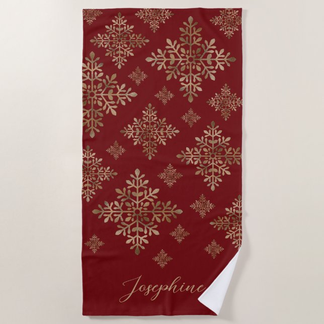 Toalla De Playa Faux Golden Relieve metalizado Snowflakes On Red ( (Anverso)
