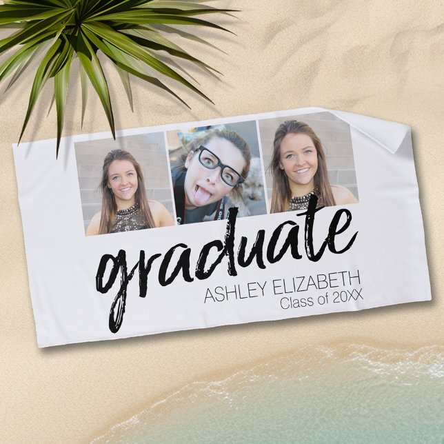 Toalla De Playa Felicitaciones Senior 3 Photo for Graduation (Personalized Beach Towel - Add Photos and Text)