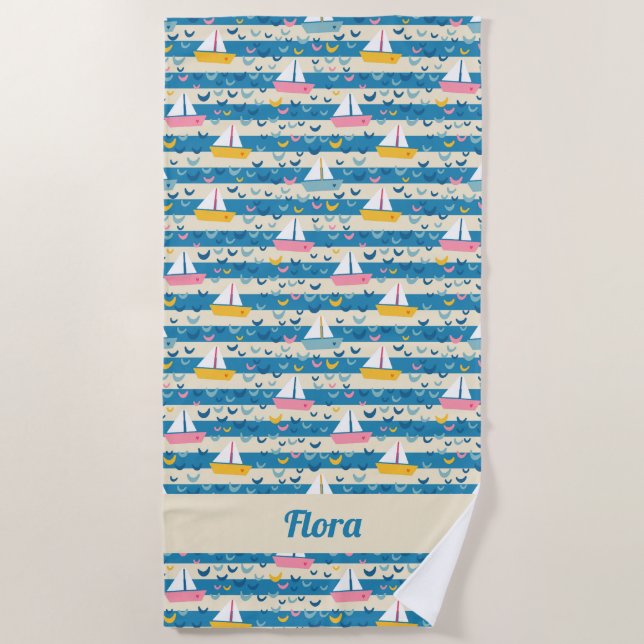 Toalla De Playa Feliz barco de vela rosa retro a rayas azules (Anverso)