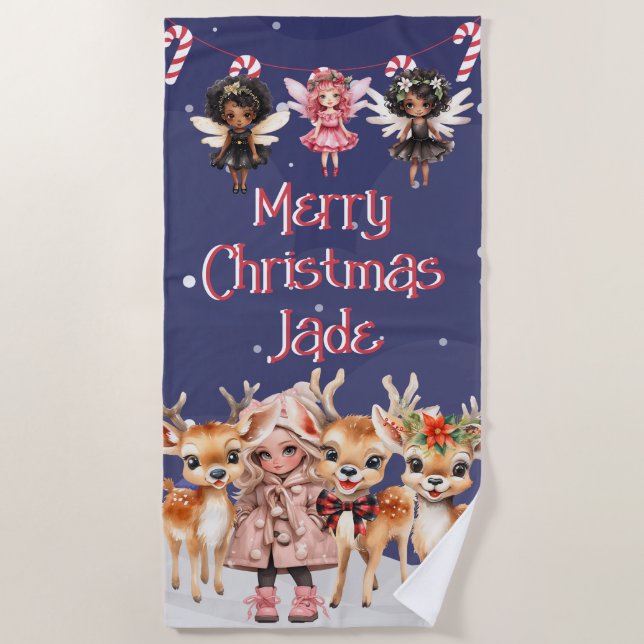 Toalla De Playa Feliz Navidad Leche de menta de reno con nombre (Anverso)