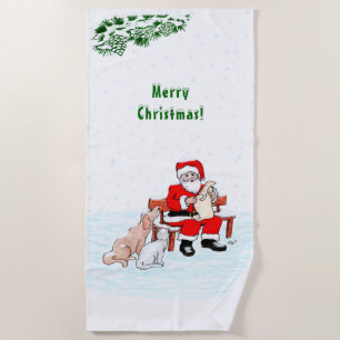 Toalla De Playa Feliz Navidad! Papá Noel con gato y perro