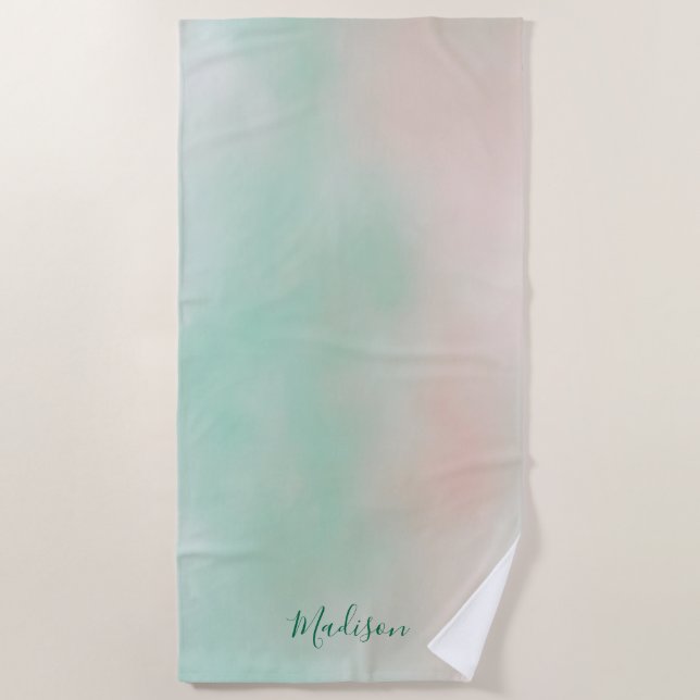 Toalla De Playa Femenino Pastel Rosa Verde Gradiente Script  (Anverso)