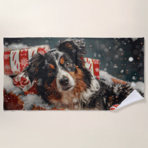 Toalla De Playa Festividad de los Navidades de perro pastor de Aus