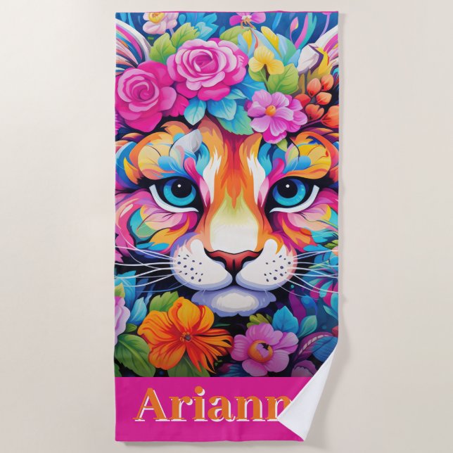 Toalla De Playa Fierce Elegance: Personalizable Floral Tiger Art (Anverso)