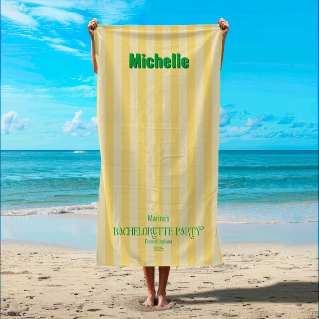Toalla De Playa Fiesta de bachillerato en franja costera amarilla  (Yellow + Green Coastal Stripe Beach Towel)