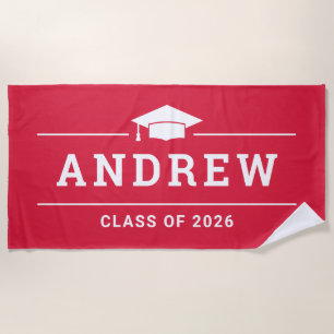 Toalla De Playa Fiesta de Graduación Roja con Nombre Personalizado