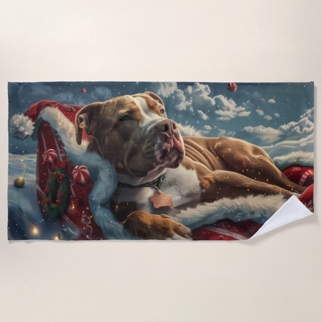Toalla De Playa Fiesta Navideña de Perro Pitbull (Anverso)