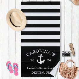 Toalla De Playa Fin de semana de soltera Nautical Heart negro y bl