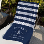 Toalla De Playa Fin de semana de soltero personalizado de la marin<br><div class="desc">Celebra tu fin de semana de soltera,  escapada o fiesta con estas toallas de playa personalizados únicas. El diseño personalizado incluye rayas náuticas azules y blancas con el nombre,  tipo de evento,  año y destino de la novia flanqueando una cuerda blanca y un ilustracion de ancla.</div>