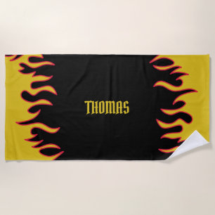 Toalla De Playa Flamas amarillas, rojas y negras personalizadas