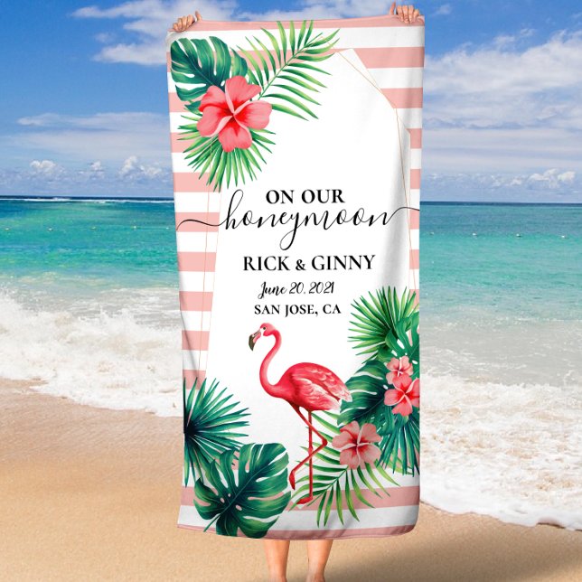 Toalla De Playa Flamenco Rosa Hojas Tropicales Rayas Luna de Miel (Pink Flamingo Tropical Leaves Stripes Honeymoon Beach Towel)