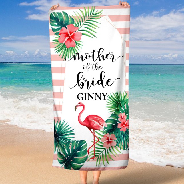 Toalla De Playa Flamenco Rosa Madre Tropical de la Novia Personali (Pink Flamingo Tropical Mother of the Bride Custom Beach Towel)