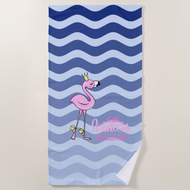 Toalla De Playa Flamenco Rosa Olas de Raya Azul Marino (Anverso)