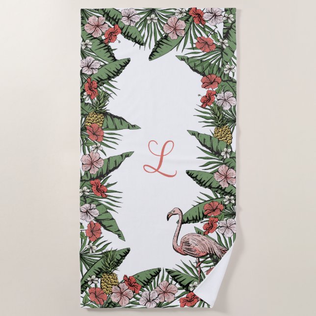 Toalla De Playa Flamenco Rosa Tropical & Hibiscus Monogramado (Anverso)