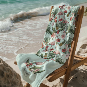 Toalla De Playa Flamenco Rosa Tropical Patrón Floral Turquesa