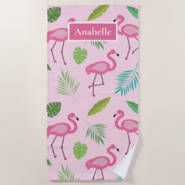 Toalla De Playa Flamenco rosa y hojas tropicales personalizados 
