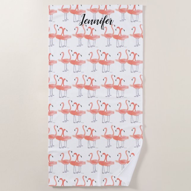 Toalla De Playa Flamencos rosados Aves tropicales acuarela Cueva P (Anverso)