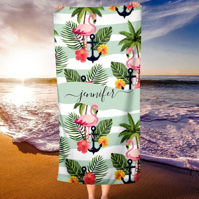 Toalla De Playa Flamencos rosados tropicales hawaianos hojas de pa (Tropical Hawaiian Pink Flamingoes Palm Tree Leaves Beach Towel)