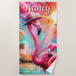 Toalla De Playa Flamencos rosados tropicales palmeras personalizad