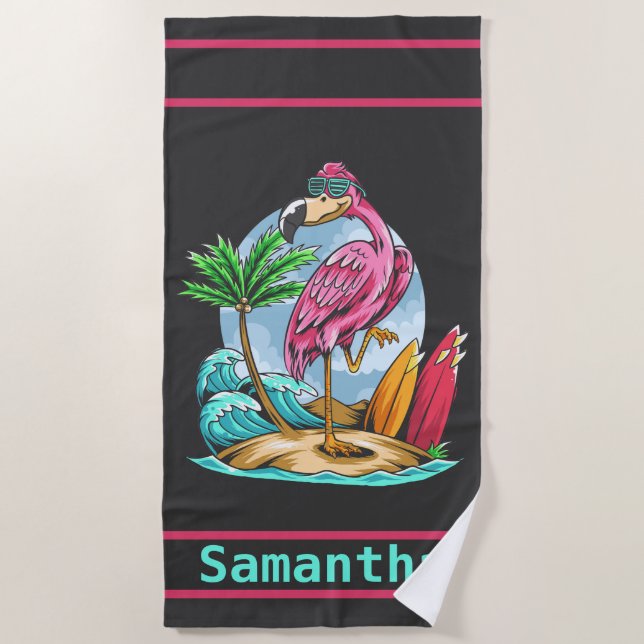 Toalla de playa Flamingo de Surf personalizada (Anverso)