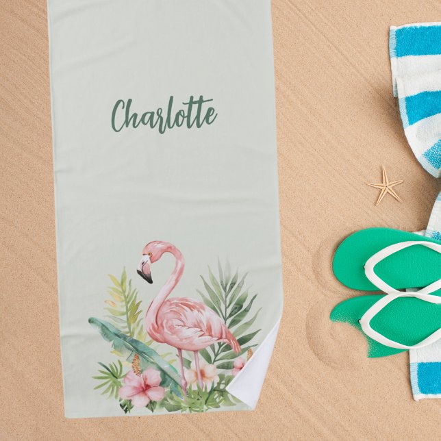 Toalla De Playa Flamingo rosa flores tropicales sage verde (Subido por el creador)